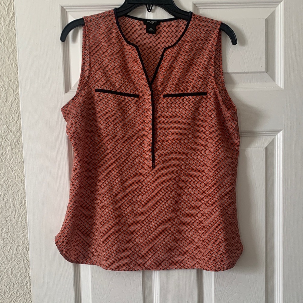 Ann Taylor Rust Orange Geo Print Sleeveless Shell with Black Trim